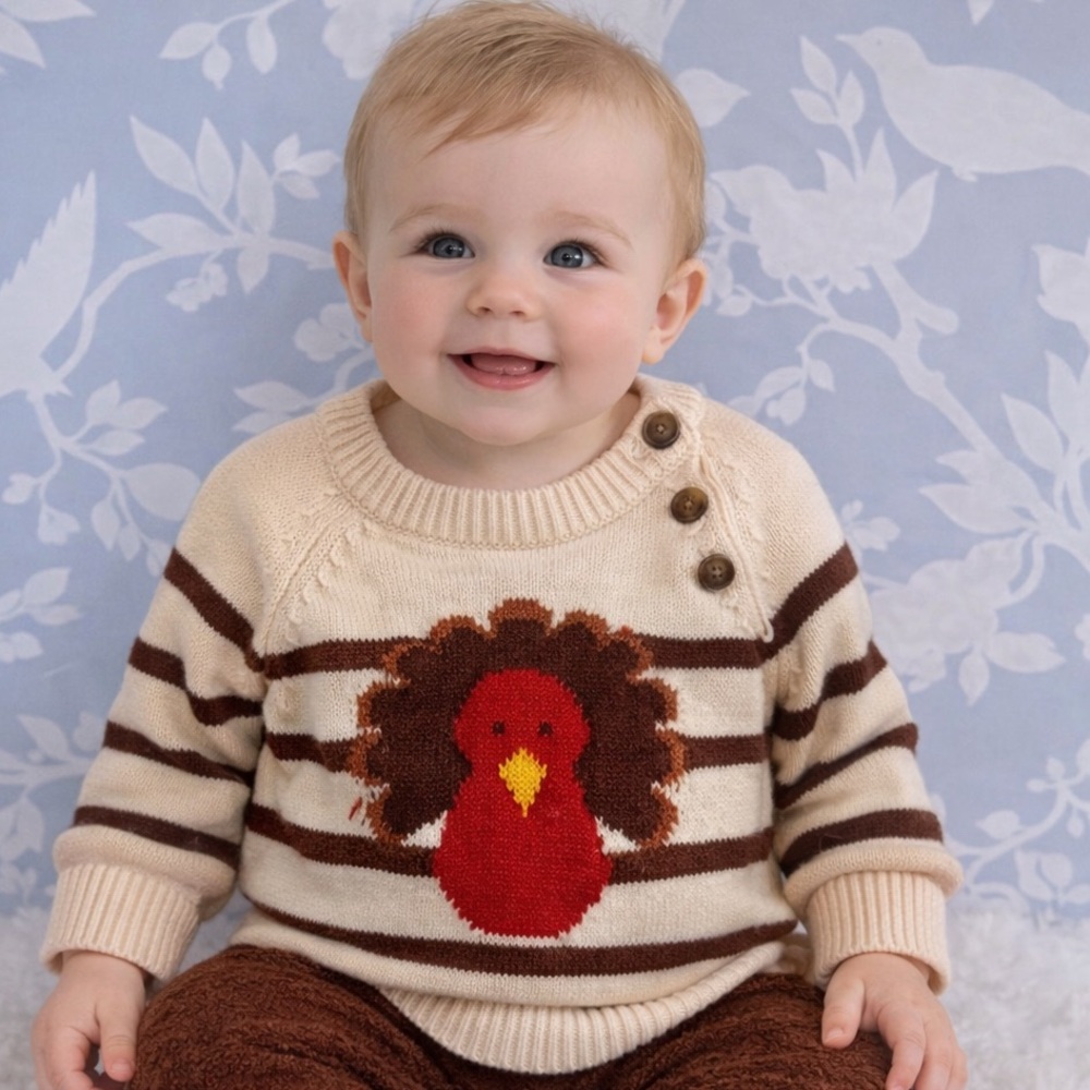 New with Tags! Kids Striped Turkey Sweater Set - Cream and Brown
